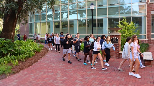Students reenter the building after FSU Emergency Management sends the "all clear" message