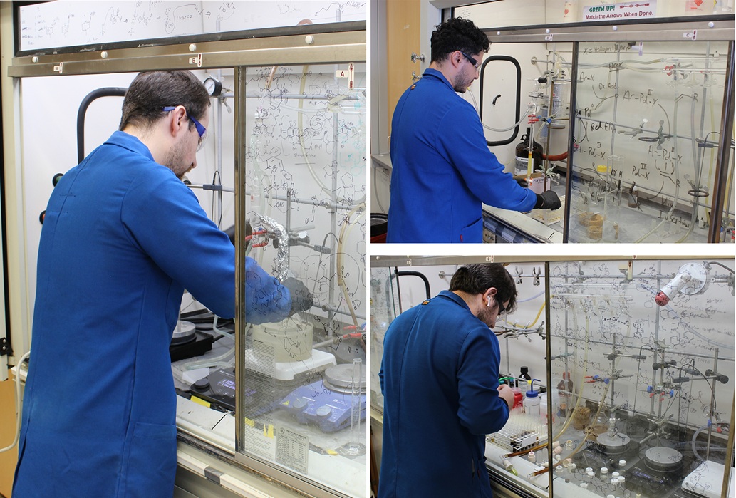 Graduate students Zackary Firestone, Filipe Pernichelle, and Ryan Harbit demonstrate laboratory functions during a working group site visit.