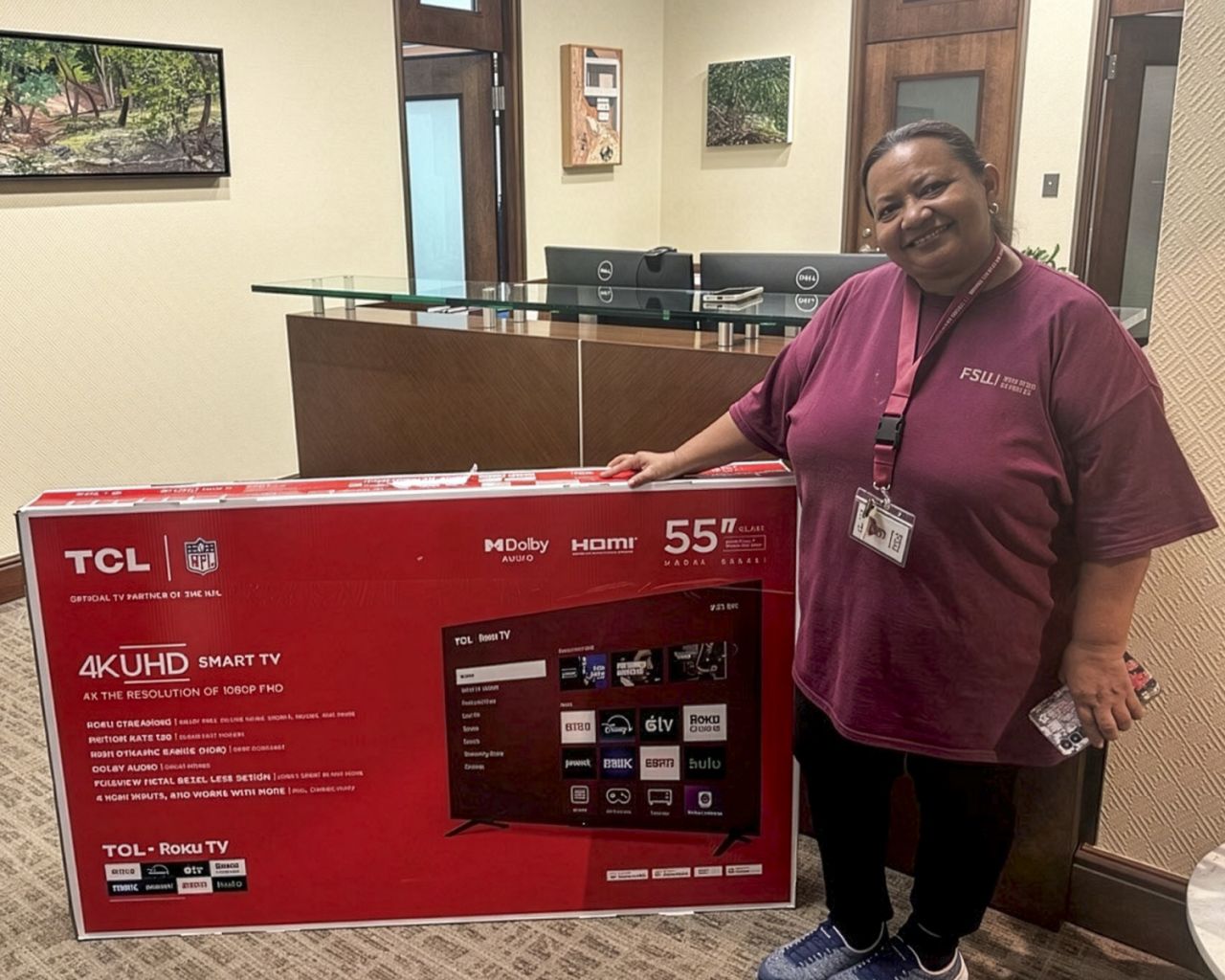 V raffle winner, Maria Eugenia Urueta Sierra from Facilities - Housing!